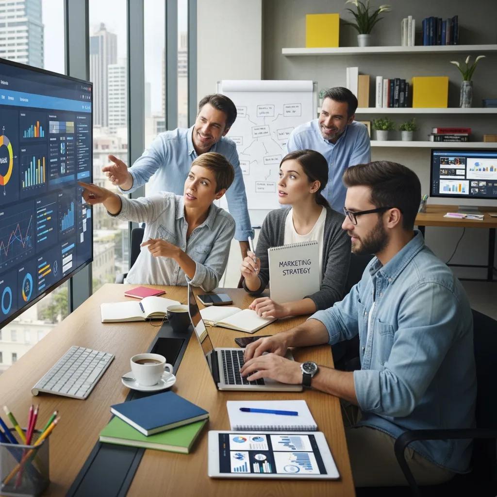 Professionnels divers collaborant dans un bureau moderne, montrant le travail d'équipe en marketing numérique