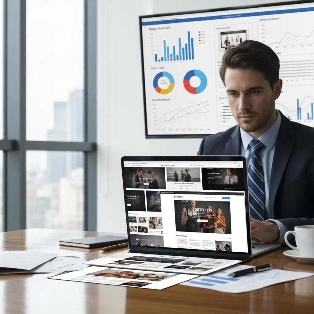 Professionnel des affaires examinant les portefeuilles d'agences de marketing numérique sur un ordinateur portable dans un bureau