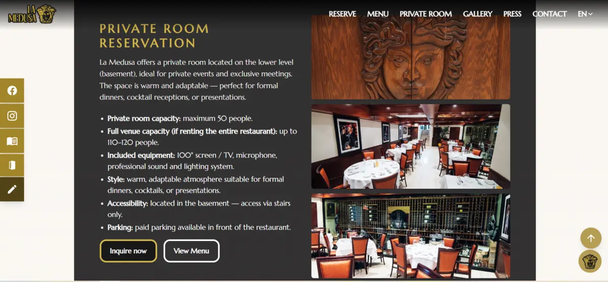 La Medusa website section promoting private room reservations