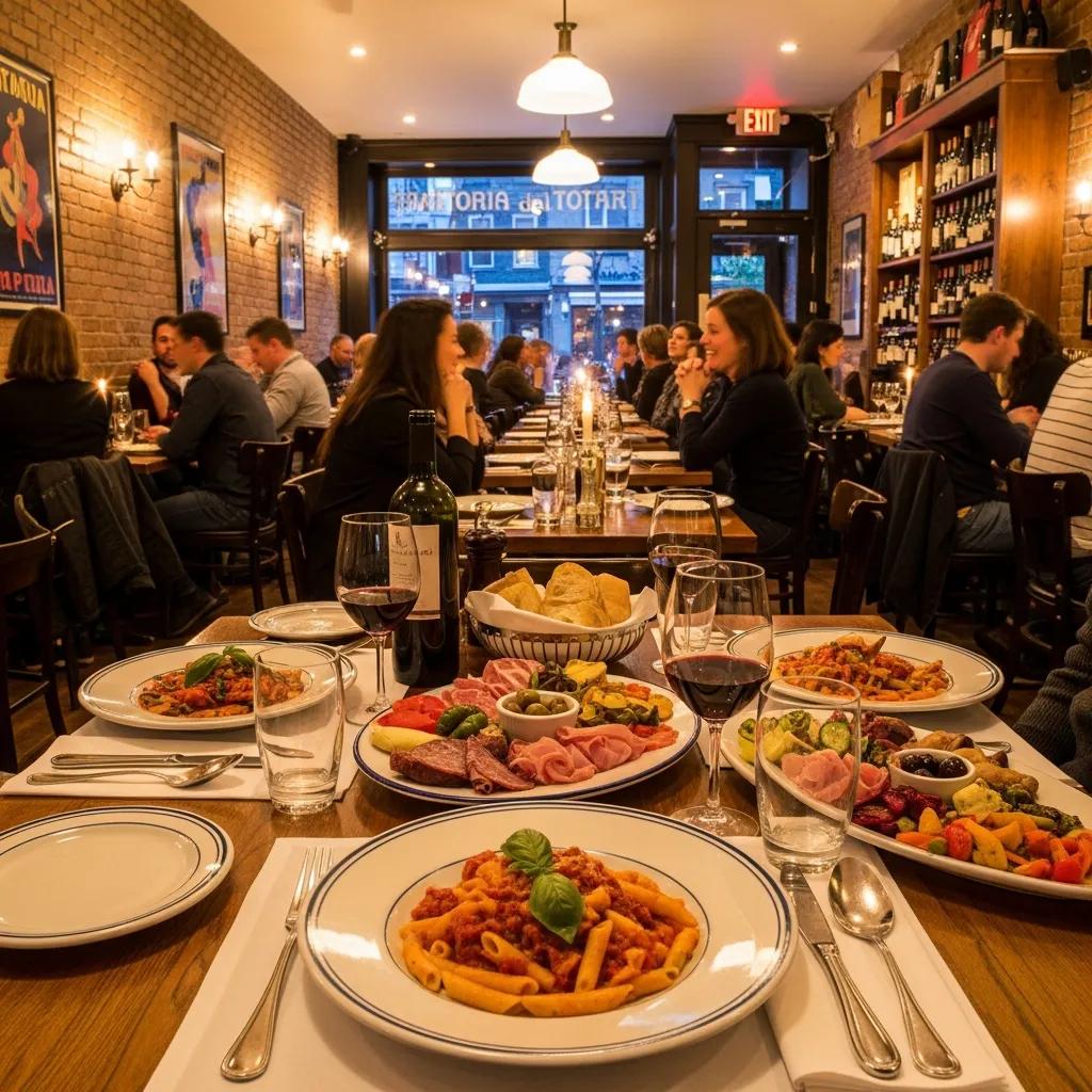 Scène de salle à manger italienne authentique à Montréal avec des plats traditionnels et une ambiance chaleureuse