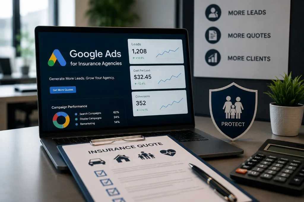 Portátil mostrando panel de Google Ads para Agencias de Seguros con 1,208 leads a $32.45 costo por lead y documento de cotización
