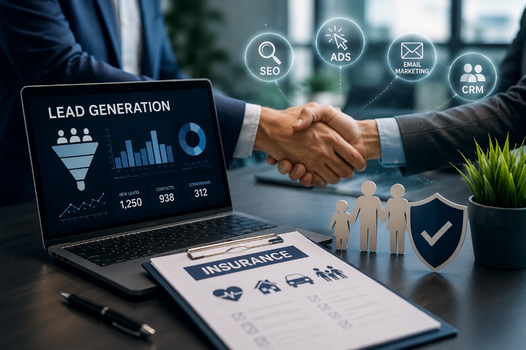 Two professionals shaking hands over an insurance lead generation dashboard showing 1,250 new leads, with SEO, Ads and CRM icons