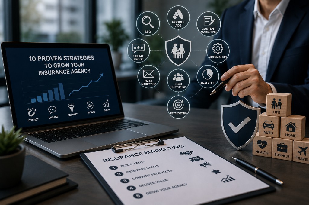 Insurance marketing strategy board showing 10 proven strategies including SEO, Google Ads, content marketing, automation, and retargeting