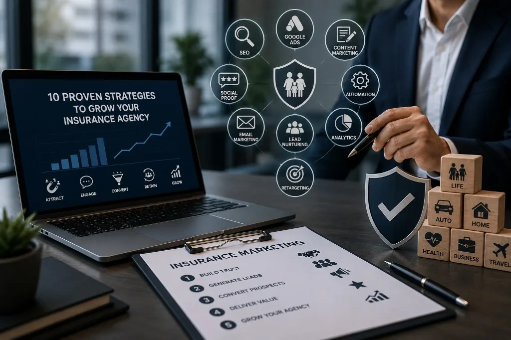 Tablero de estrategias de marketing de seguros mostrando 10 estrategias probadas: SEO, Google Ads, marketing de contenidos, automatización y retargeting