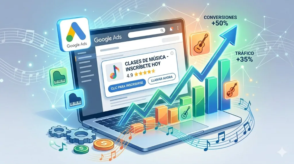 Laptop showing Google Ads for music school enrollments with growth charts and instrument icons