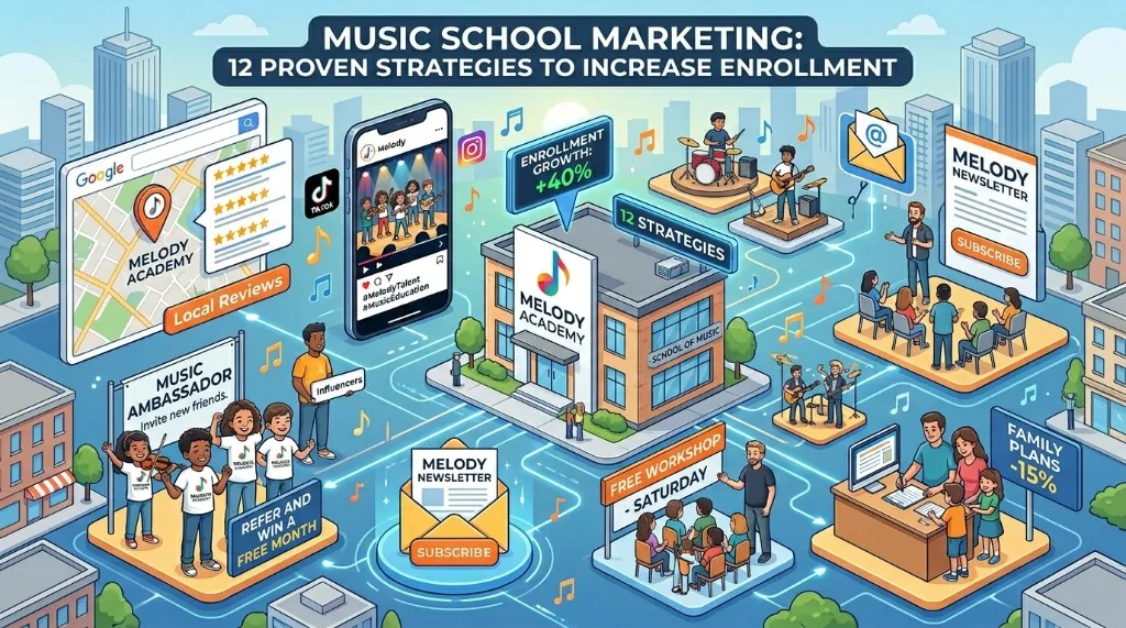 Ilustración isométrica de doce estrategias de marketing para escuela de música: SEO local, redes, referidos e inscripciones