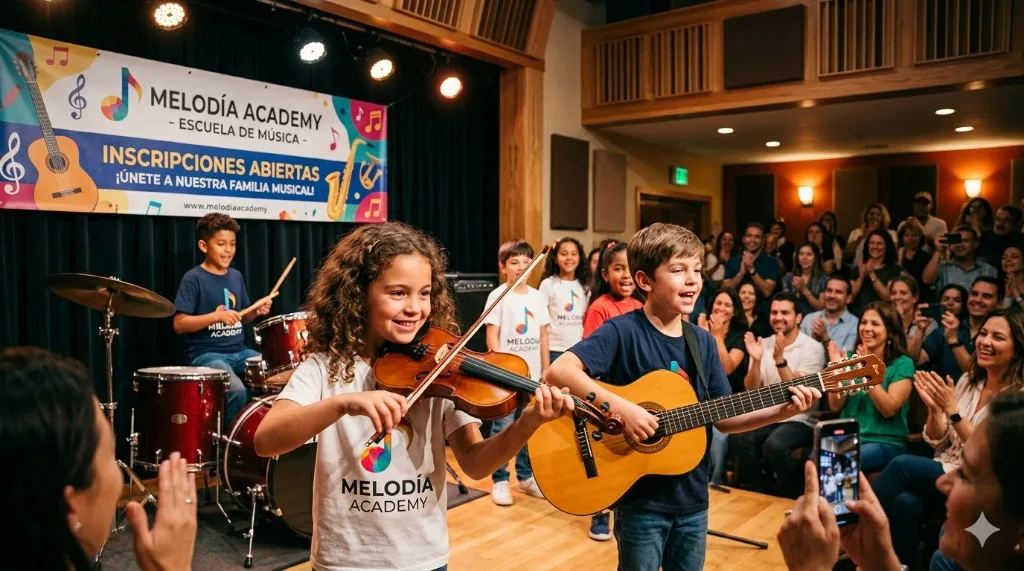 Niños en un recital de escuela de música con familias en el público y cartel de inscripciones en el escenario