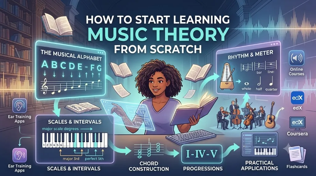 Infografía con hoja de ruta para aprender teoría musical desde cero: escalas, acordes, ritmo y progresiones