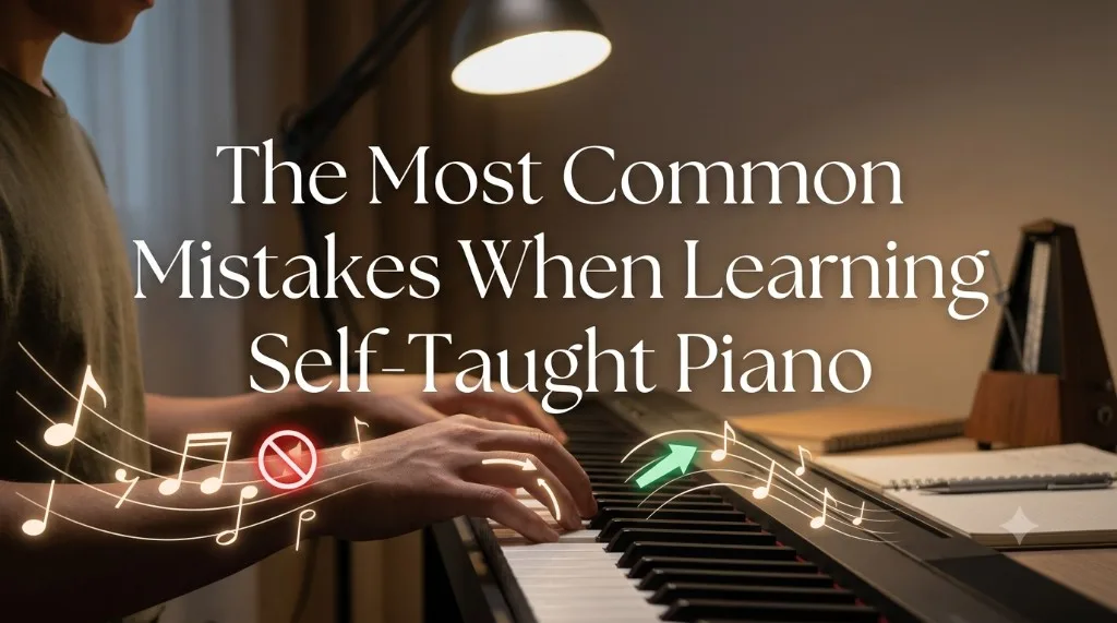 Pianist learning at home with highlighted common self-taught mistakes and better technique cues