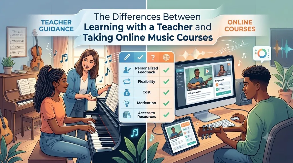 Comparación entre clases presenciales con profesor y cursos de música online