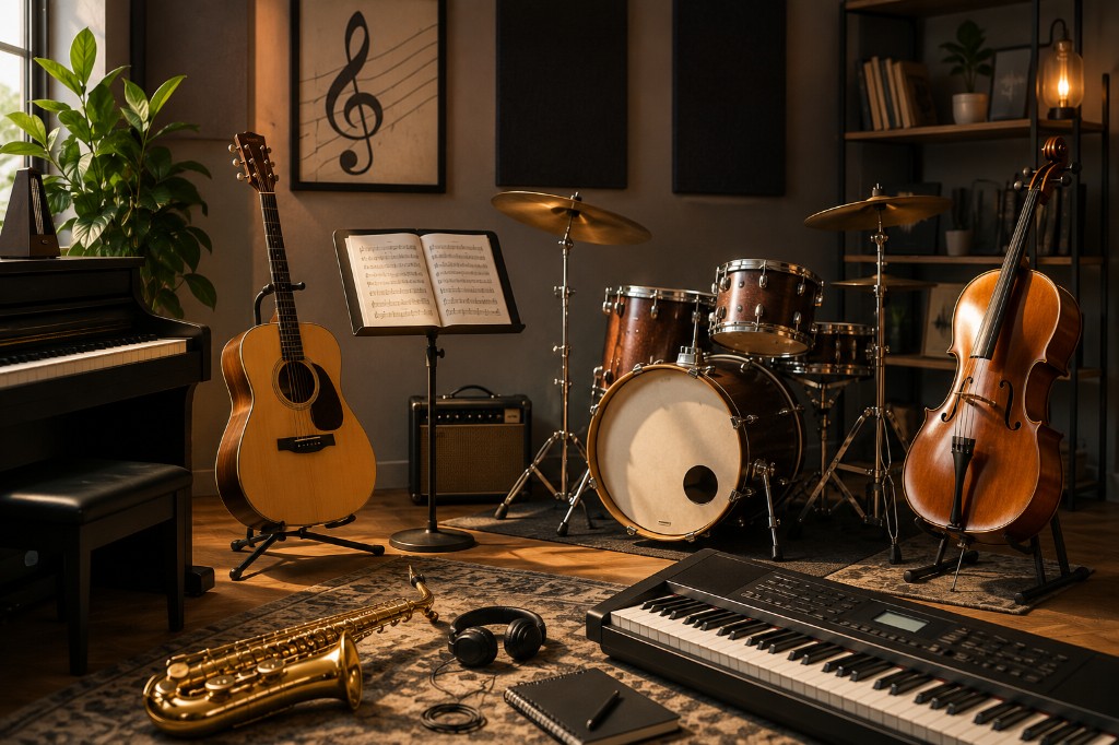 Music studio with piano, drums, guitar, cello, and keyboard — enrollment marketing for schools