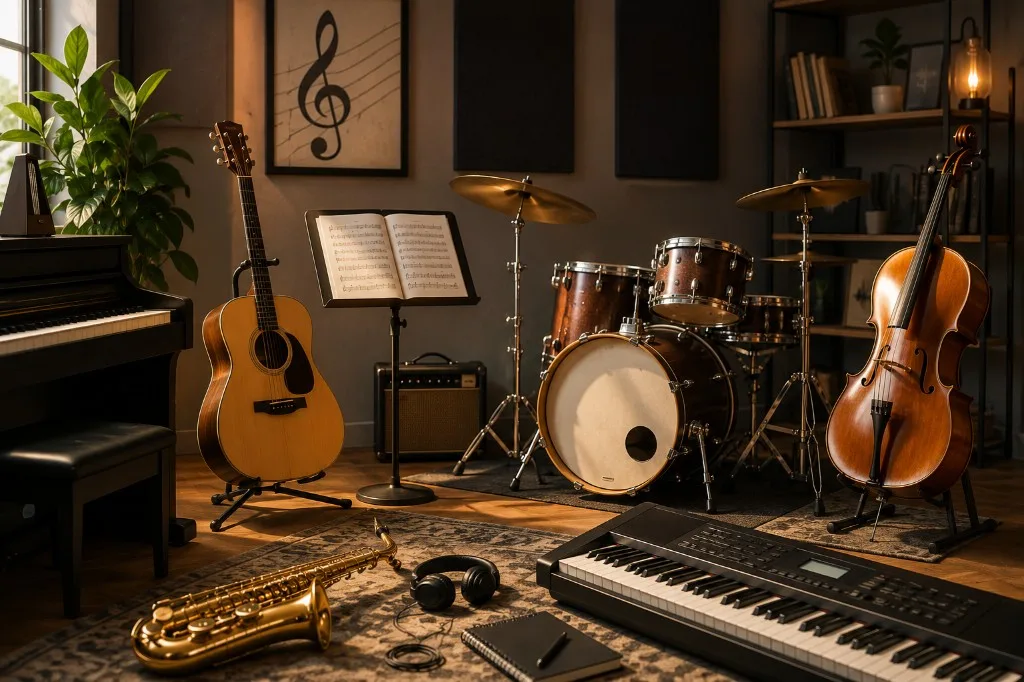Music studio with piano, drums, guitar, cello, and keyboard — enrollment marketing for schools
