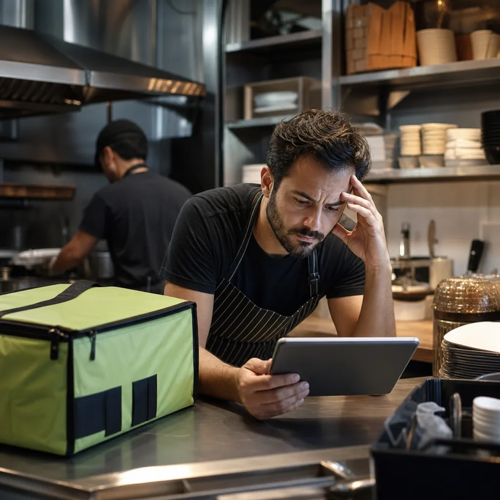 La dépendance aux plateformes de livraison illustrée avec des icônes de restaurant et d'application de livraison montrant la dépendance aux plateformes tierces