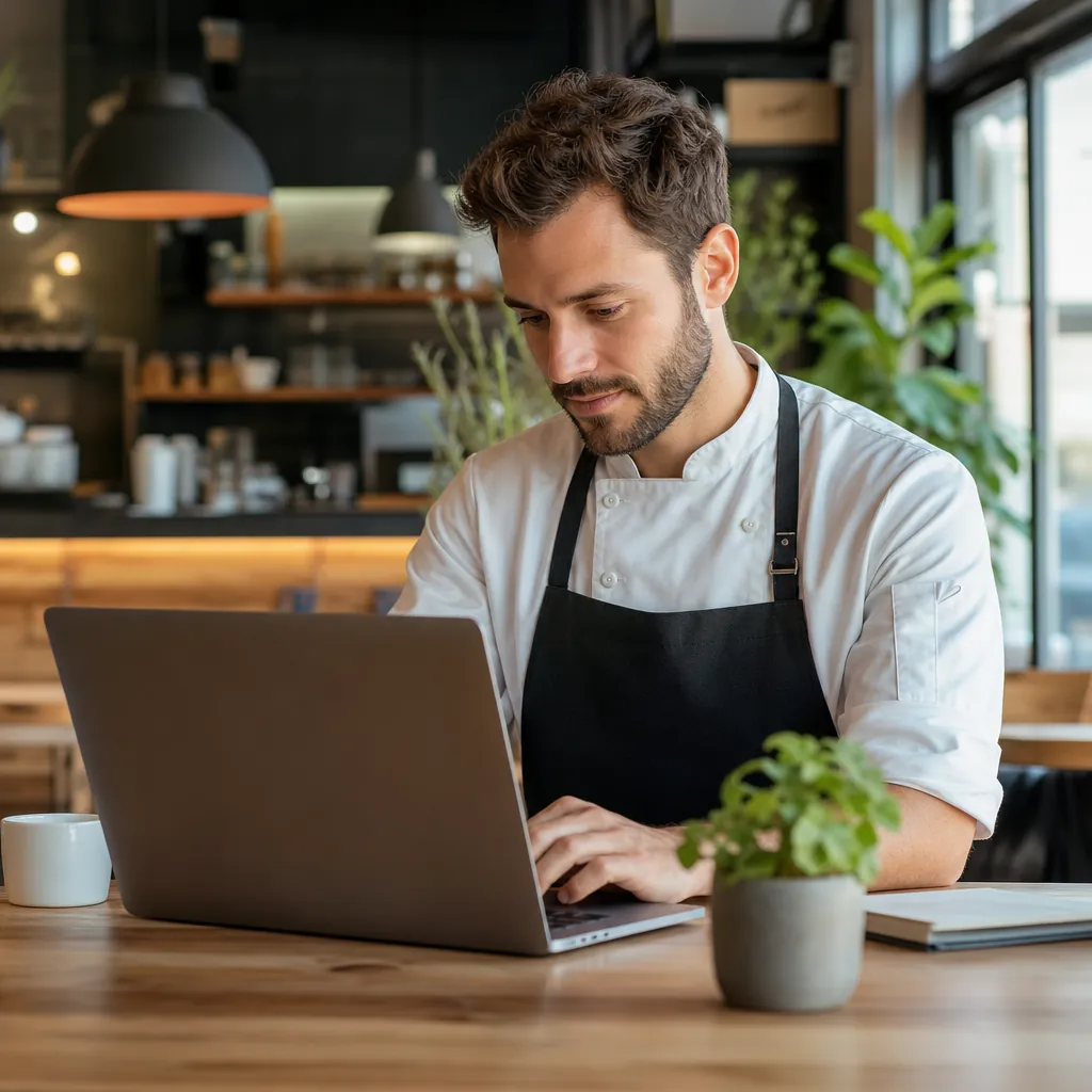 Stratégies de référencement local pour restaurant affichées sur un ordinateur portable pour améliorer la visibilité locale et attirer les convives à proximité
