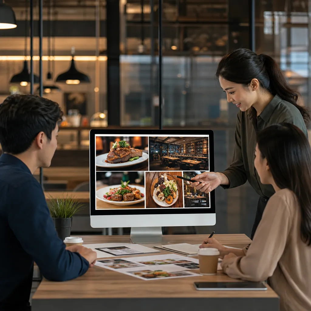 Restaurant advertising strategies displayed on a digital tablet with marketing materials and restaurant images