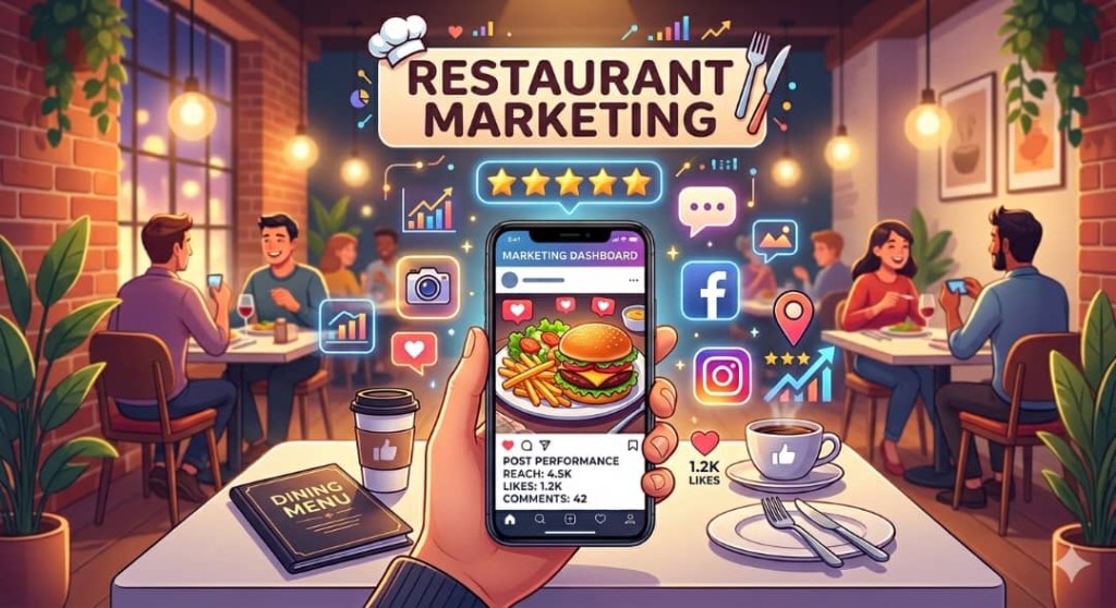 Tableau de bord marketing restaurant à l'écran